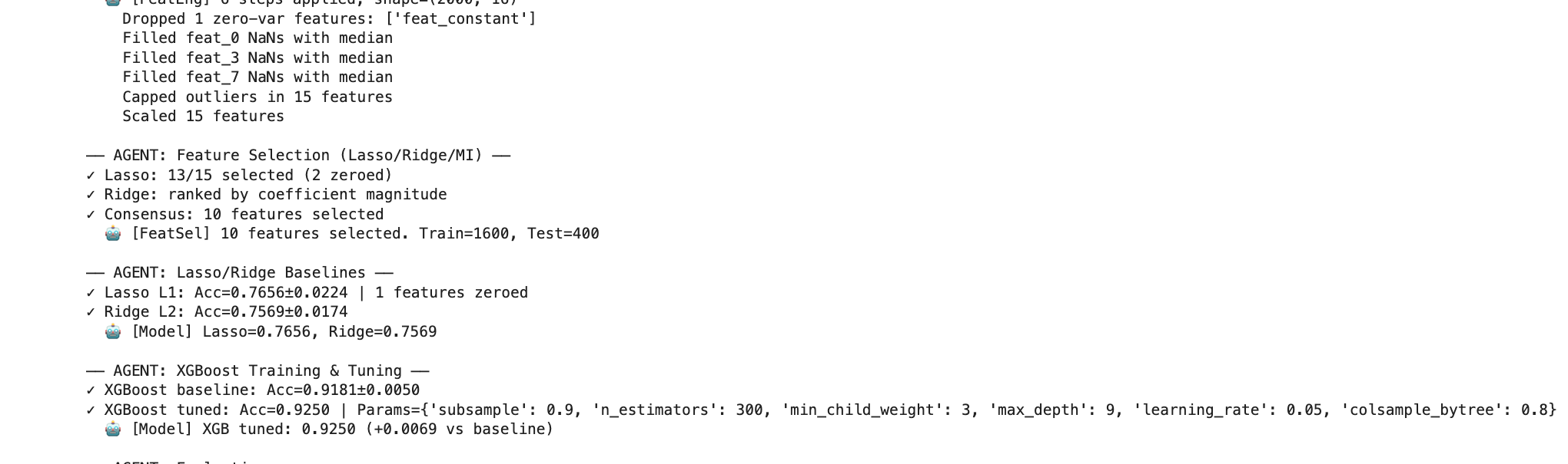 Specialized agents execute the pipeline autonomously via LangGraph: data exploration, feature selection, baselines, and XGBoost tuning, each logging its decisions.