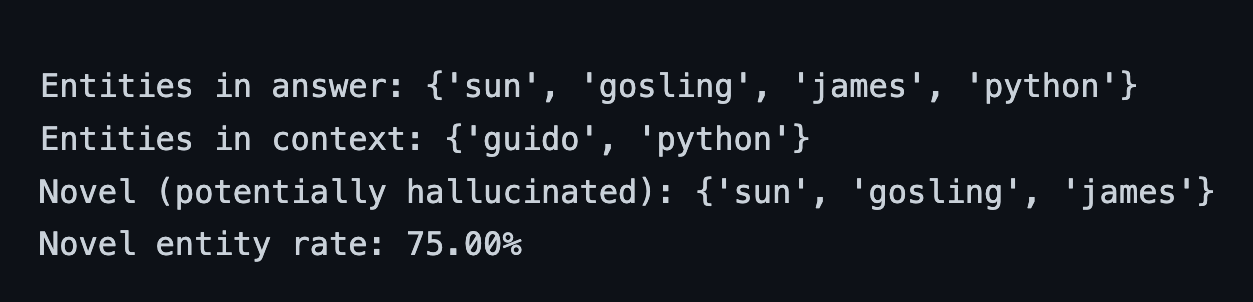 Entity hallucination check (NLP-based): flags entities in the answer that never appear in the source context.